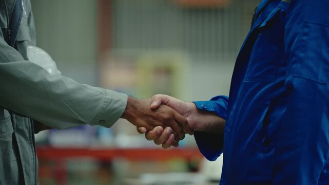 Close-up hand of factory engineers shaking hands with teams in warehouse make introductions and foster successful industrial collaboration