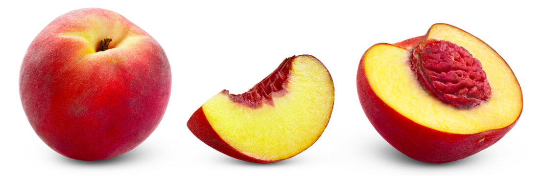 Set of ripe red peaches isolated on white background. Whole juicy peach, cut in a slice of peach and half of peach with seed isolate collection.