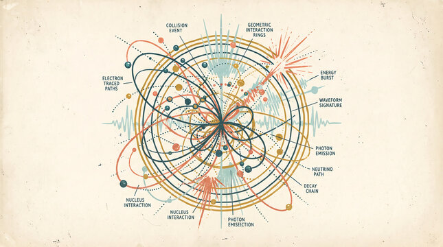 Vintage technical diagram of quantum collision event interaction rings and atomic particle decay paths   
