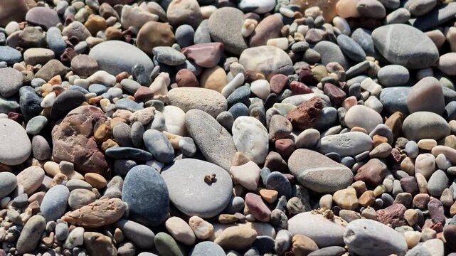 Close-up view of smooth multicolored pebbles on lakeshore as gentle camera glide reveals variety of rounded stones, subtle wet sheen, warm late-afternoon light, and shallow shadows creating textured