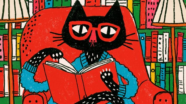 Playful illustration of a black cat wearing red glasses and a blue sweater, relaxing in a red armchair while reading a book in a colorful library.