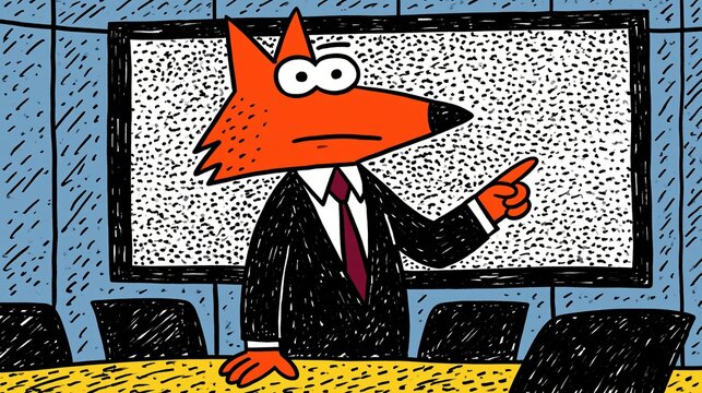 Cartoon fox in a black business suit and burgundy tie gestures confidently in a modern meeting room, presenting a humorous corporate character illustration.
