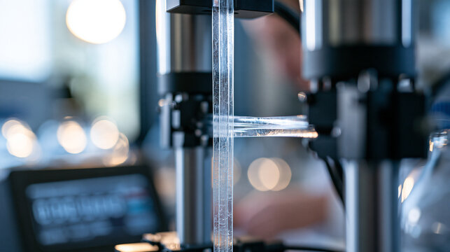 Bio material tensile test in an engineering lab close up of a translucent biopolymer strip stretched between grips with fibers visible digital readout in soft focus bright lab bio
