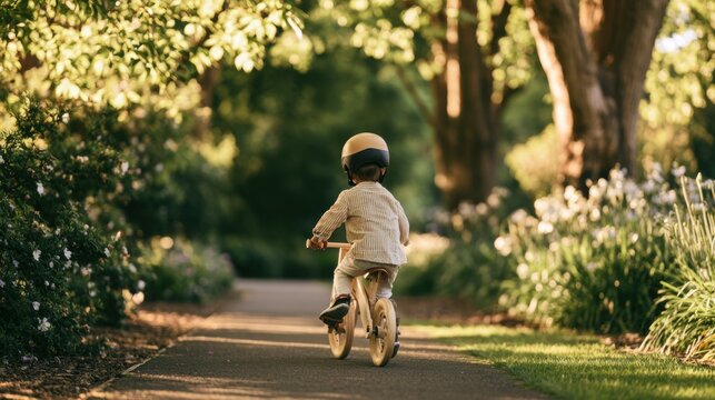 Happy toddler riding a natural wooden balance bike along a park pathway, back and side view with face hidden by helmet and camera angle. Green trees, blooming flowers, warm spring sunlight.