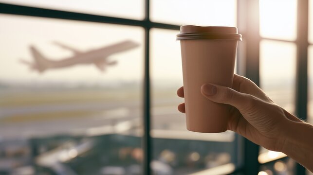 Close-up of a hand holding a takeaway coffee cup by a panoramic airport window, with an airplane taking off in the background. Perfect for travel, tourism, airport, coffee shop and lifestyle concepts.