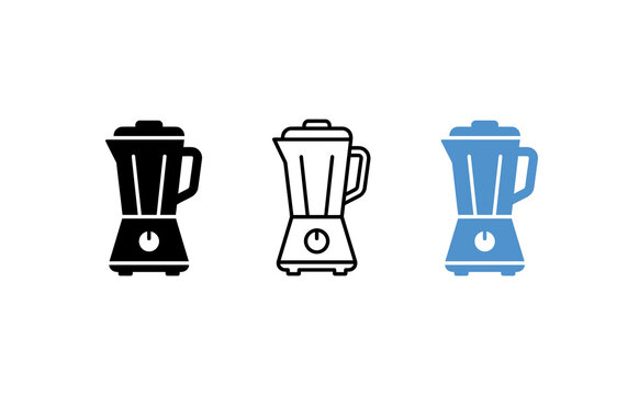 Minimalist kitchen blender icon set, three electric food processor symbols, black and blue smoothie maker graphics on white background