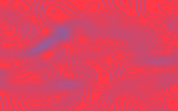 Abstract topographic pattern with flowing blue contour lines over a vivid coral red background, creating a bold modern map-inspired geometric texture.
