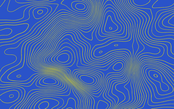 Abstract topographic pattern with flowing yellow contour lines on a vivid blue background, creating a bold modern map-inspired geometric texture.