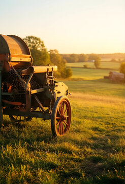 Agriculture and rural heritage, vintage threshing machine in a golden hour field at sunset with traditional farming equipment in the countryside