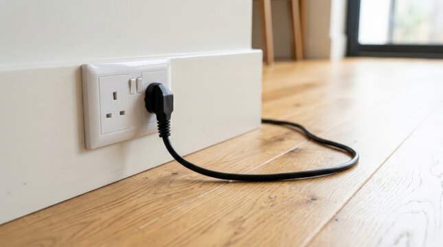 A close up view of a black plug connected to a wall socket on a wooden floor where an electric burn might happen due to faulty wiring or overloaded household power outlets