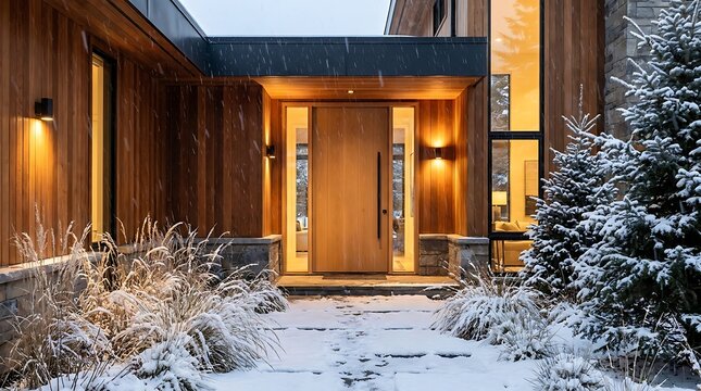 Modern house entrance with wooden door and snow in winter
