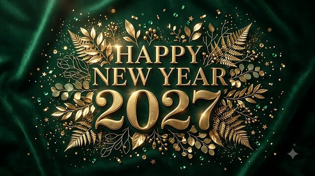 Happy new year 2027 gold text on elegant green velvet background
