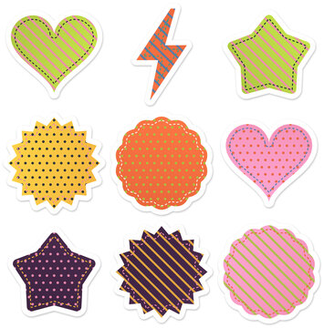 Patterned shape stickers set isolated on transparent background with heart star lightning bolt and scalloped badge for cute scrapbook, planner decoration ,and playful retro, design elements