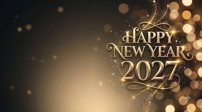 Happy new year 2027 gold text with bokeh lights background