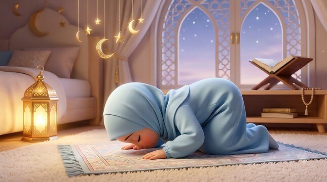 Cute cartoon child praying on prayer mat