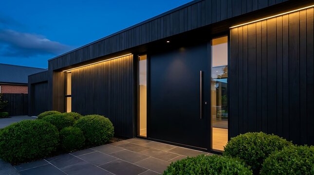 Modern luxury home exterior with dark wood cladding at night