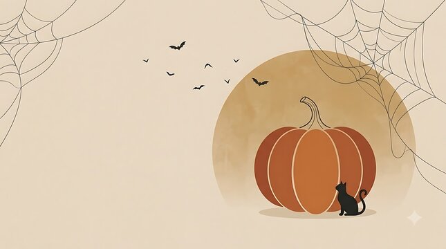 Halloween background with pumpkin, black cat, and spider webs