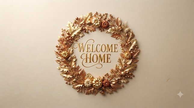 Golden autumn wreath with welcome home text isolated on white background