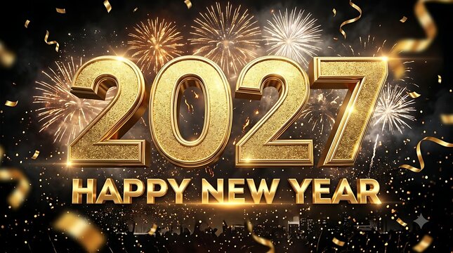 Happy new year 2027 gold 3d numbers with fireworks and confetti