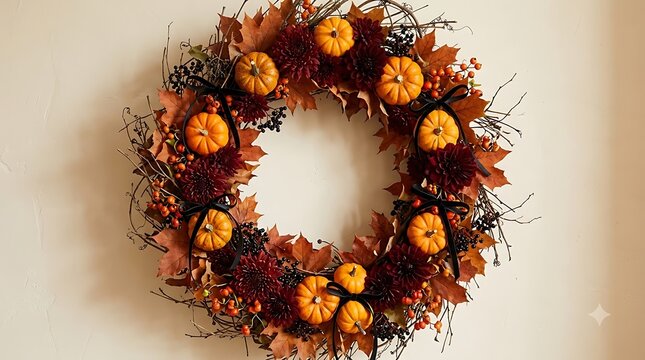 Autumn harvest wreath with pumpkins and dark flowers