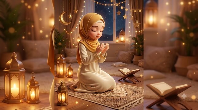 Young girl in hijab praying with quran on a stand in a room