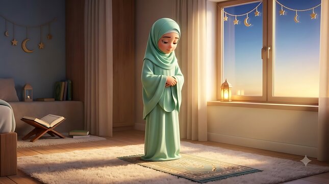 Cute cartoon girl in hijab praying on a prayer mat in a cozy room