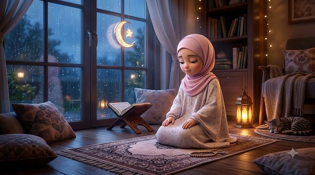 Cute cartoon girl in hijab sitting on prayer mat by rainy window