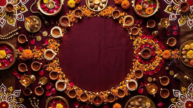 Diwali festival background with diya lamps and marigold flowers