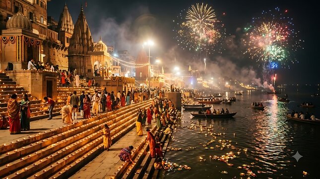 Diwali festival celebration at varanasi ghats with fireworks
