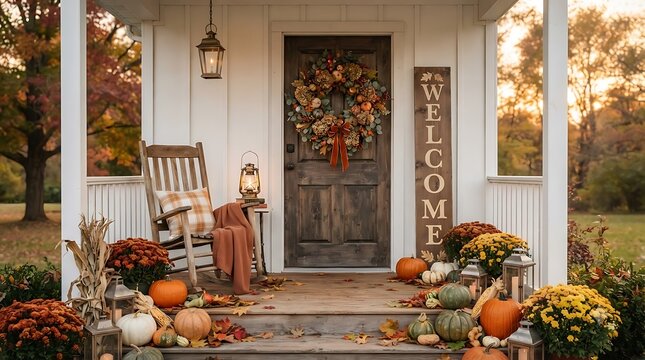 Cozy farmhouse porch decorated for autumn season