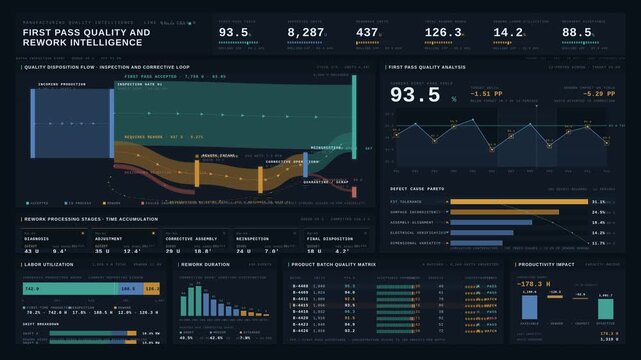 Manufacturing efficiency dashboard tracking rework hours and first pass quality yield with dark blue industrial analytics and motion graphics for commercial creative technology and business use.