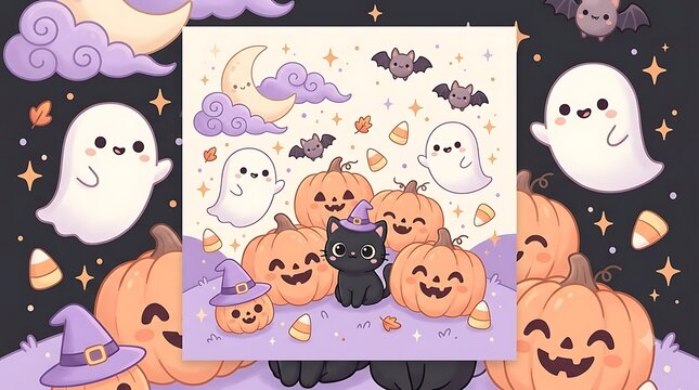 Cute kawaii halloween illustration with black cat ghosts and pumpkins