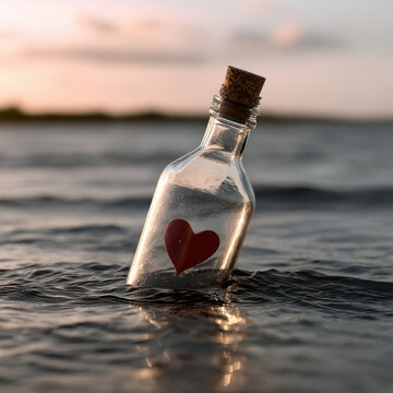 Glass bottle cork red heart floating water sunset romantic message emotional serene