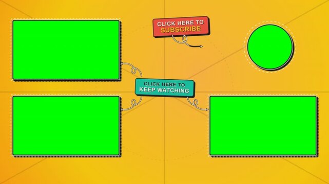 An end screen YouTube template with green screen placeholders, call to action buttons, and bright yellow background for video creators.