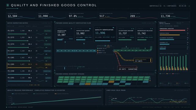 Cinematic smart manufacturing dashboard tracking finished goods production, quality inspection results, batch acceptance, and warehouse release readiness with dynamic data visualization.