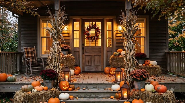 Rustic autumn porch decorated with pumpkins and hay bales