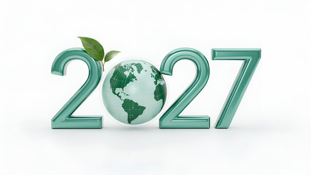 Shiny glossy green numbers representing year twenty twenty seven featuring globe planet earth and fresh green leaves