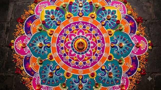 Vibrant rangoli design with lit diyas for diwali festival celebration