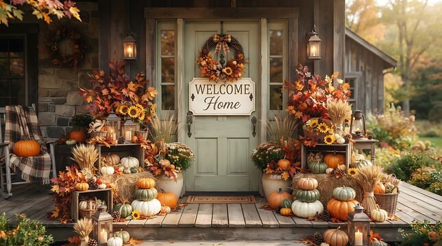 Cozy autumn porch decor with pumpkins and fall foliage