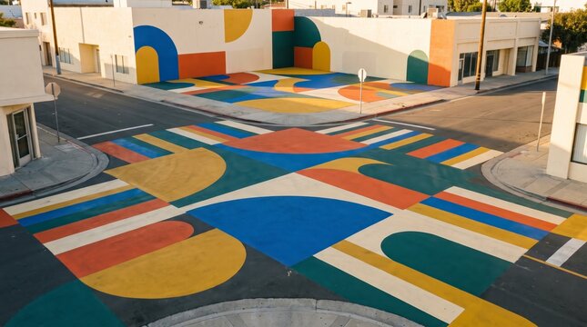 Elevated view of empty street corner painted with bold geometric pavement art and building mural