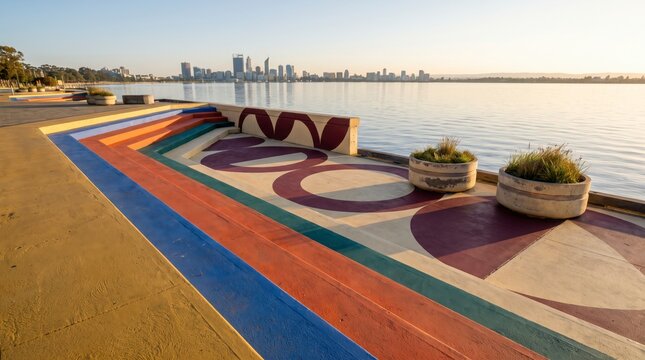 Waterfront promenade with painted stripes and concrete planters overlooking distant city skyline
