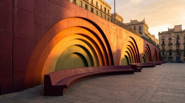 Curved concrete wall with concentric arches in burgundy, orange and olive above long public bench