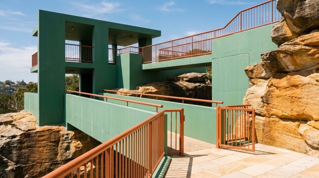 Modern green concrete lookout with terracotta railings built into rugged sandstone cliff