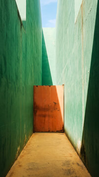 Narrow passage between tall green concrete walls leading to single weathered orange door