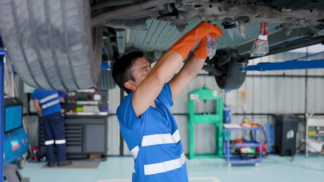 Mechanic wearing orange gloves inspects the underside of a car on a lift in a garage workshop, checking components and wiring during automotive maintenance and repair.