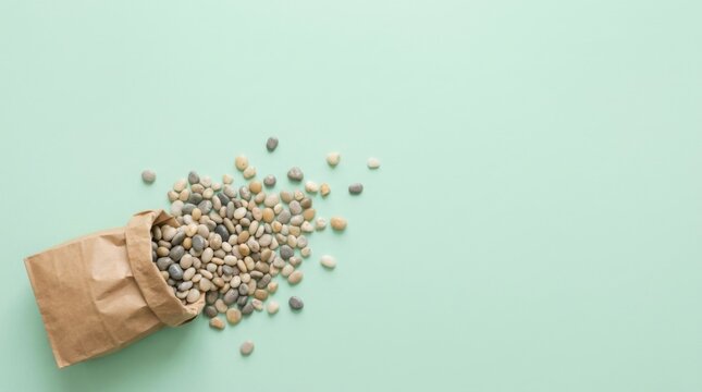 Spilled Hemp Seeds from a Brown Paper Bag on a Light Green Background.