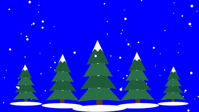 Snowy Pine Trees Swaying With Falling Snow on Blue Screen