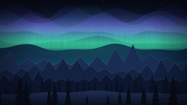 Aurora Borealis Over Snowy Mountains and Pine Forest Seamless Loop Background