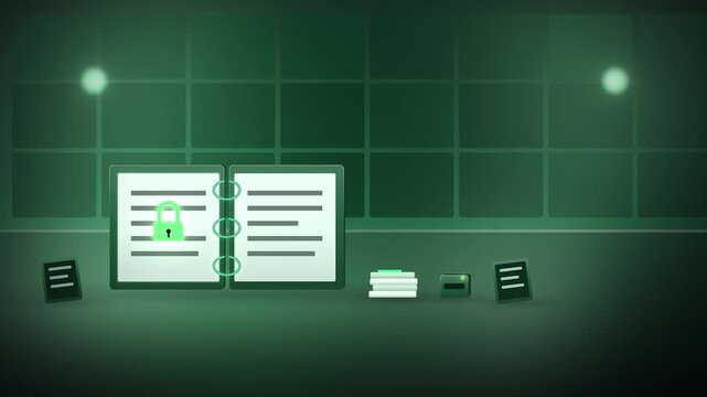 Green ring binder with rings locking shut room scene appearing