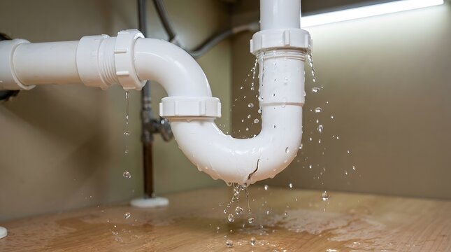 Leaking white plastic pipe under the kitchen sink with water dripping